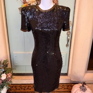 Vintage Silk Black and Gold Beaded Sequin Mini Dress